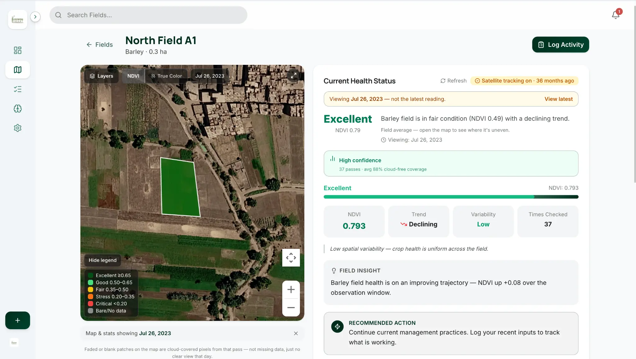 Field detail view with satellite map, NDVI health status, confidence, and recommendation