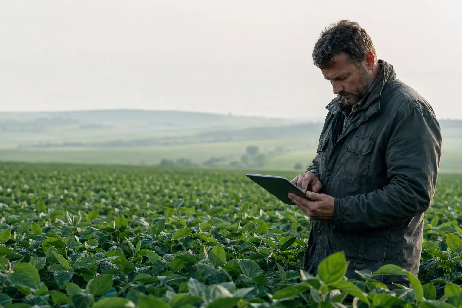 Farm manager reviewing field information on a tablet